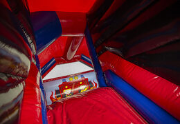 Aufblasbare Hüpfburgen mit rutsche und feuerwehrmotiv zum verkauf bei JB-Hüpfburgen Deutschland. Aufblasbare hüpfburgen mit rutsche für kinder in den farben rot und blau erhältlich