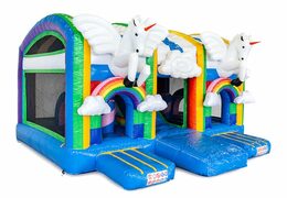 Indoor-multiplay-einhorn-hüpfburg in einzigartigem design mit zwei eingängen, einer rutsche in der mitte und 3D-objekten für kinder. Kaufen sie hüpfburgen online bei JB-Hüpfburgen Deutschland