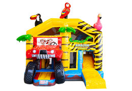 Kaufen Sie aufblasbares Luftkissen mit Dach und Rutsche im Safari-Thema mit 3D-Tieren darauf für Kinder