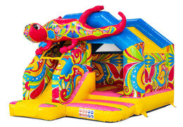 Rutschen-Kombi-Hüpfburg mit gelben, blauen, rosa Farben und Blumen