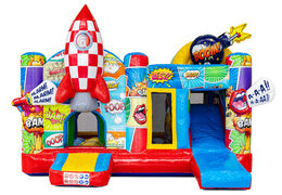 Multiplay-Hüpfburg im Comic-Thema mit Rakete und Comicfiguren