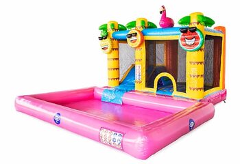 Opblaasbaar Multi Splash Bounce Flamingo springkussen met waterbadje kopen in thema flamingo voor kinderen bij JB Inflatables