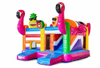 Kaufen sie aufblasbare offene multiplay-hüpfburg im thema flamingo mit rutsche für kinder. Bestellen sie aufblasbare hüpfburgen online bei JB-Hüpfburgen Deutschland