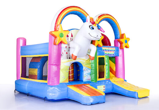 Bestellen sie mittelgroße aufblasbare multiplay-hüpfburg im regenbogen-einhorn-design mit rutsche für kinder. Bestellen sie aufblasbare hüpfburgen online bei JB-Hüpfburgen Deutschland