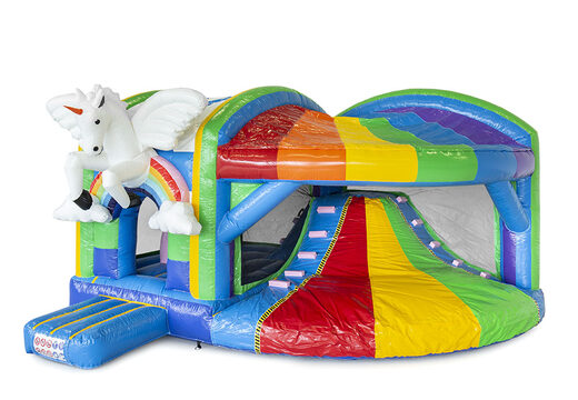 Kaufen sie aufblasbare indoor-multiplay-XL-hüpfburg mit rutsche im thema einhorn-regenbogen für kinder. Bestellen sie aufblasbare hüpfburgen online bei JB-Hüpfburgen Deutschland