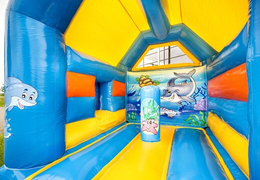 Midi seaworld thema multifun aufblasbare hüpfburg mit dach und in einer farbkombination aus blau, gelb und orange zum verkauf bei JB-Hüpfburgen Deutschland online