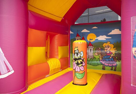Aufblasbare multifun-hüpfburg mit midi-prinzessin-thema mit dach und in einer farbkombination aus gelb, rosa und orange online bei JB-Hüpfburgen Deutschland zu kaufen