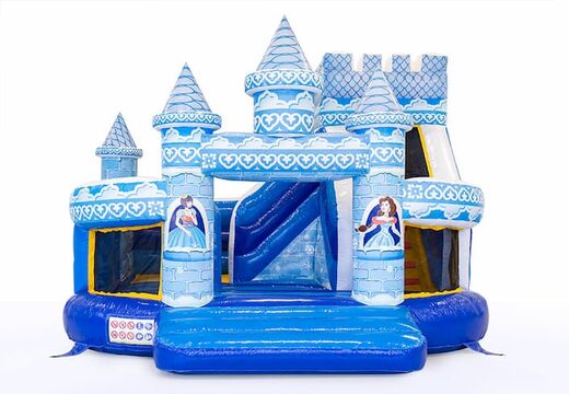 Kaufen sie eine blaue multifunktionale prinzessinnen-hüpfburg funcity mit rutsche für kinder. Bestellen sie hüpfburgen online bei JB-Hüpfburgen Deutschland