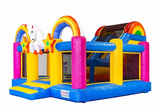 Große aufblasbare offene multiplay-slidebox-hüpfburg mit rutsche im thema einhorn-regenbogen für kinder. Bestellen sie aufblasbare hüpfburgen online bei JB-Hüpfburgen Deutschland