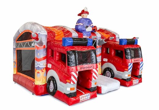 Bestellen sie multiplay-XXL-feuerwehr-hüpfburg in einzigartigem design mit zwei eingängen, einer rutsche in der mitte und 3D-objekten für kinder. Kaufen sie hüpfburgen online bei JB-Hüpfburgen Deutschland
