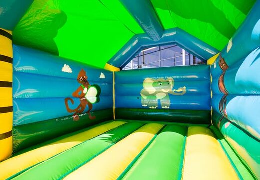 Kaufen sie eine standard-dschungel-hüpfburg in auffälligen Farben mit einem großen 3D-Gorilla-objekt auf der oberseite für kinder. Kaufen sie hüpfburgen online bei JB-Hüpfburgen Deutschland