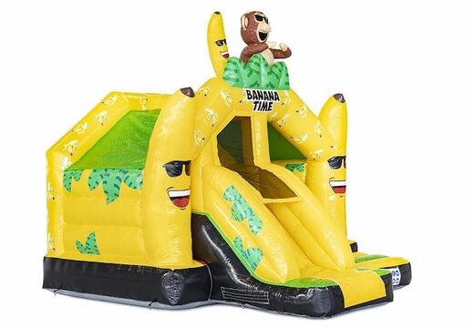 Springkussen opblaasbaar in bananen apen thema met glijbaan bestellen voor kinderen