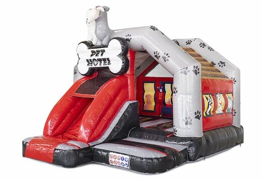 Bestellen Sie aufblasbare Hüpfburg-Rutschen-Kombination mit Rutsche im Tierhotel-Design für Kinder