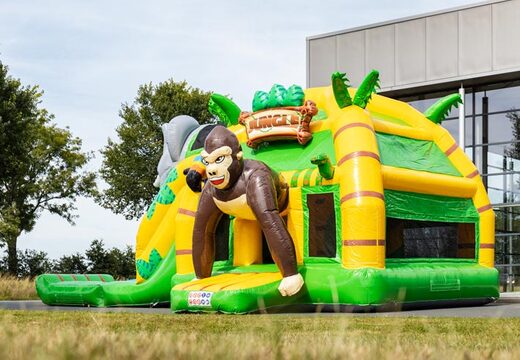 Kaufen Sie multi super aufblasbare Hüpfburg mit Rutsche im Dschungel-Thema grün gelb für Kinder