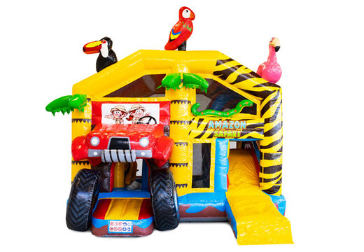 Kaufen Sie aufblasbares Luftkissen mit Dach und Rutsche im Safari-Thema mit 3D-Tieren darauf für Kinder