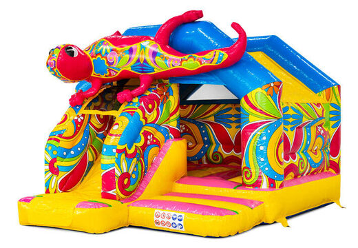 Rutschen-Kombi-Hüpfburg mit gelben, blauen, rosa Farben und Blumen