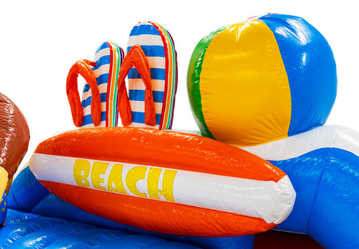 Bestellen Sie online eine Hüpfburg mit Strandthema, mit 3D-Schlappen, einem Surfbrett und einem Ball
