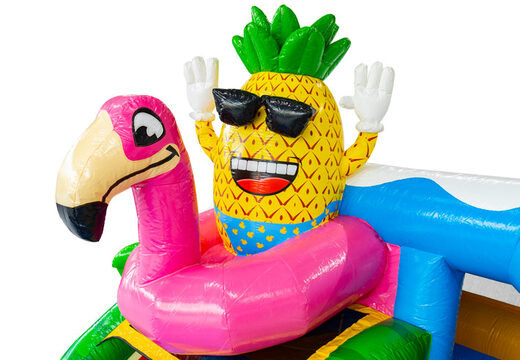 Hüpfburg Hawaii Flamingo Thema mit fröhlicher 3D-Ananas im Flamingo-Schwimmring online bestellen