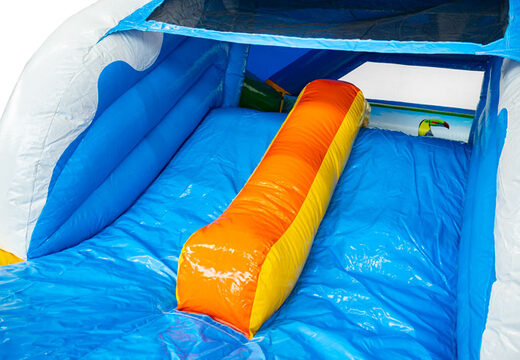 Blaue gelbe orangefarbene Rutsche des aufblasbaren Slide Combo Dubbelslide bei JB gekauft