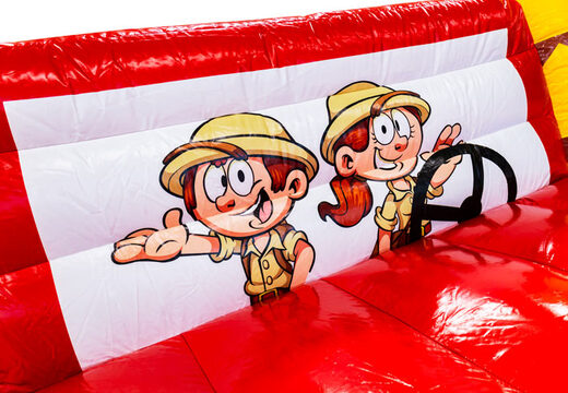 Hüpfburg im Gorilla-Safari-Thema mit Illustration von Rangers im Jeep