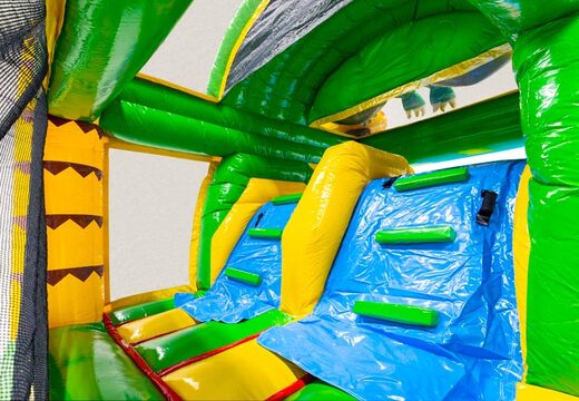 Kletterwand von Multiplay dubbelslide Dinosaurierthema blau gelb orange