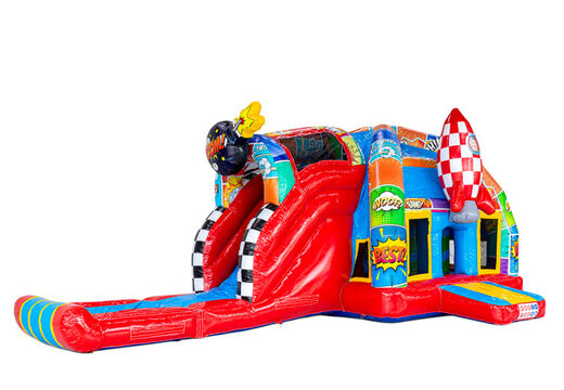 Comicstrips auf Luftkissen abgebildet - A-frame Super Comic Hüpfburg erhältlich bei JB Inflatables